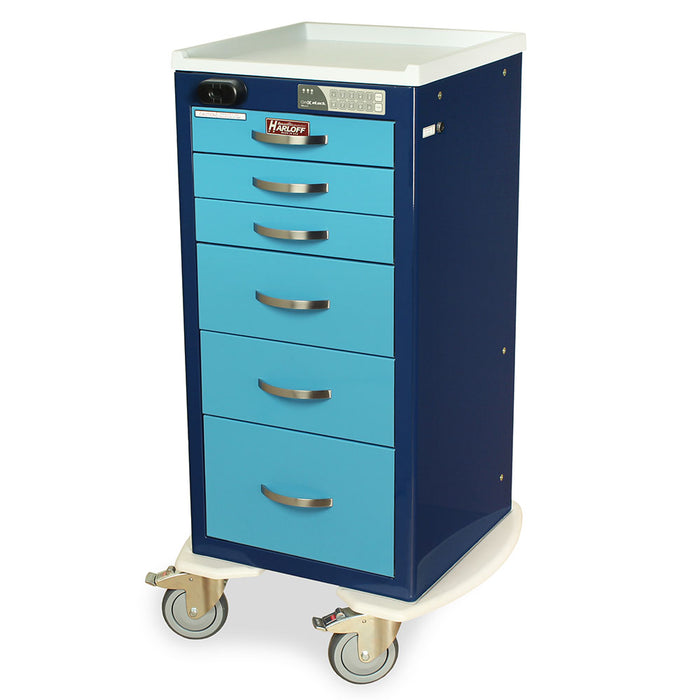 Harloff A-Series Narrow Aluminum Anesthesia Cart with Prox Reader, Tall Height, Six Drawers, Electronic Keypad Lock