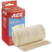 An ACE brand elastic bandage, with hook closure, rests on a surface near its packaging.