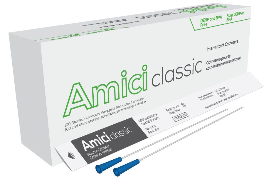 A box of Amici classic intermittent catheters sits beside two sterile, individually wrapped, non-latex catheters. The box contains 100 catheters and is DEHP and BPA free.