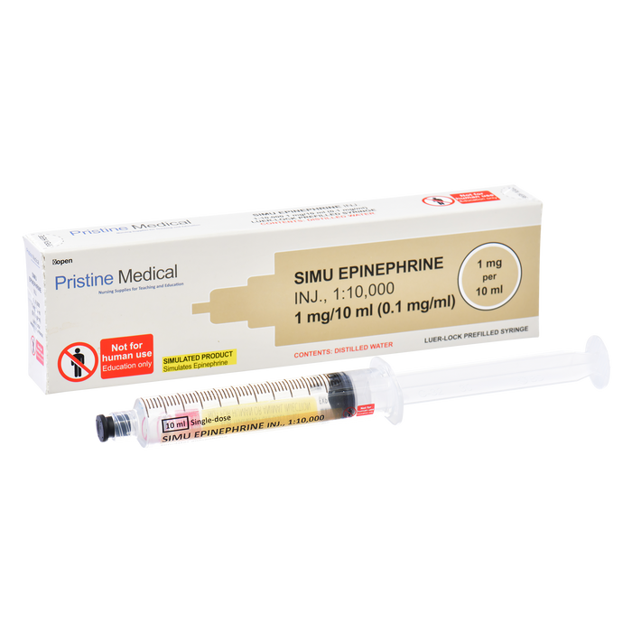 A prefilled syringe containing simulated epinephrine rests beside its box; it's for education, not human use. The box identifies it as SIMU EPINEPHRINE INJ., 1:10,000, 1mg/10ml (0.1mg/ml).