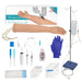 A venipuncture and IV practice kit with a training arm, syringes, gloves, and IV setup for medical training