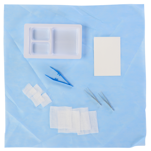 A sterile tray containing medical supplies—gauze, tweezers, and a small container—rests on a light blue surgical drape.