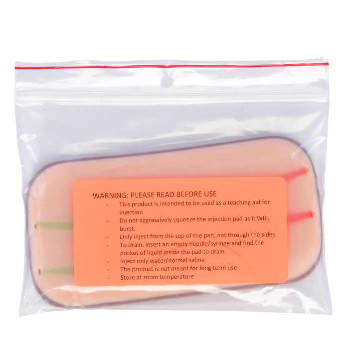 Injection training pad by Pristine Medical in a sealed plastic bag with usage instructions