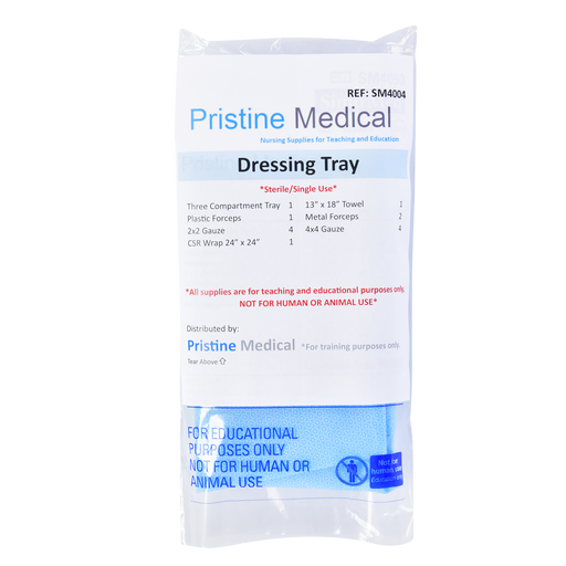 A sterile dressing tray, containing various medical supplies, is packaged for educational purposes only; it is not intended for human or animal use.