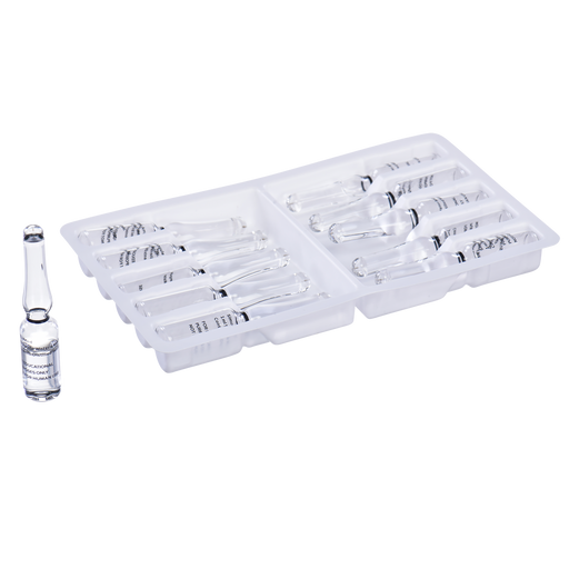 Glass ampoules containing liquid rest in a plastic tray; one ampoule sits separately.