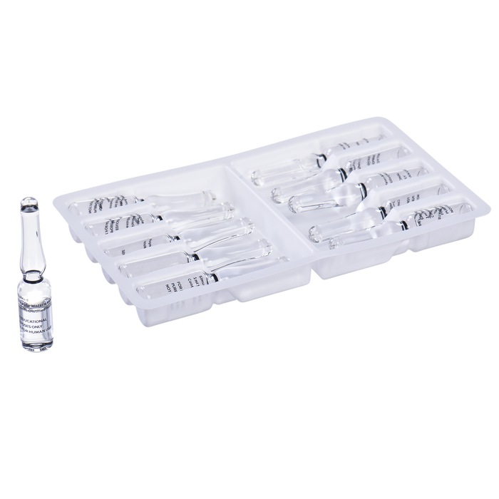 Tray containing multiple 2ml ampoules for medical training.