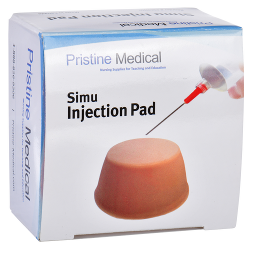 A skin-toned injection pad is being punctured by a needle; this is shown on a box labeled "Pristine Medical Simu Injection Pad," which advertises nursing supplies for teaching and education. 1-888-826-9206 | Pristine-Medical.com