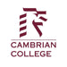 A stylized lion's head logo is presented, appearing to be in motion against a white background. Below, the text "CAMBRIAN COLLEGE" is written in a serif typeface.