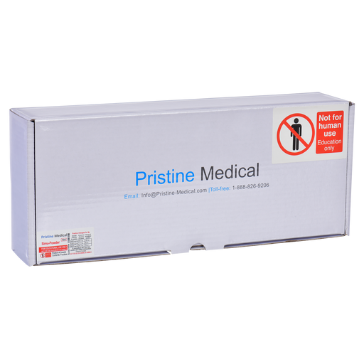 A Pristine Medical box sits on a surface. The box is white and contains educational materials. It’s labeled "Not for human use. Education only." and includes contact information.