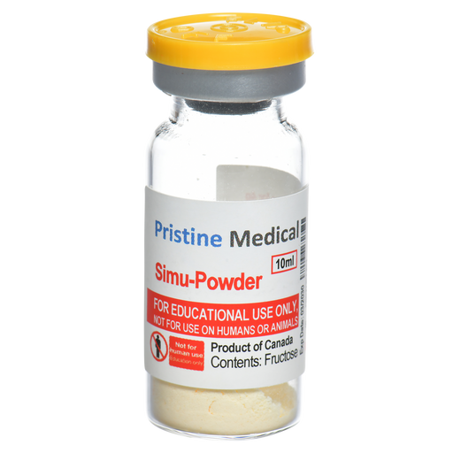 A small glass vial containing a light-yellow powder sits upright. The vial is labeled "Pristine Medical Simu-Powder 10ml," and indicates it's for educational use only, containing fructose.