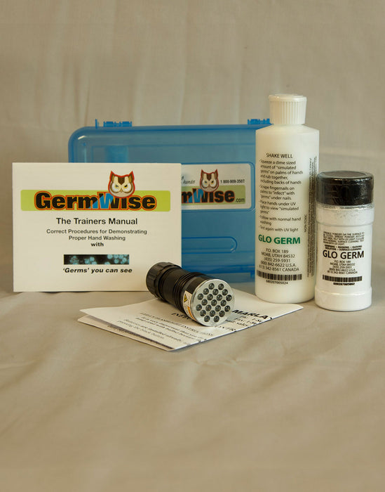 Glo-Germ Kit, LED UV Flashlight, 8oz bottle Glo Germ Gel, 4oz bottle Glo Germ Powder, 3 AAA Batteries