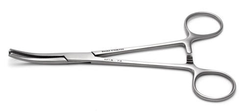 A curved surgical clamp lies on a white background.