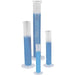Four graduated cylinders containing blue liquid stand on a white background. The cylinders are of varying heights.