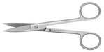 A pair of surgical scissors lies on a white background; they are open, ready for use.