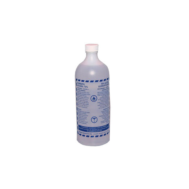 A clear plastic bottle labeled “Isopropyl Alcohol 70%” sits stationary. The bottle has blue and white detailing and a white cap against a plain white background.