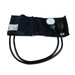 A sphygmomanometer measures blood pressure; its black cuff and gauge are connected by tubes, lying on a white background. The cuff has a label indicating "ARTERY LEFT ARM RIGHT ARM".