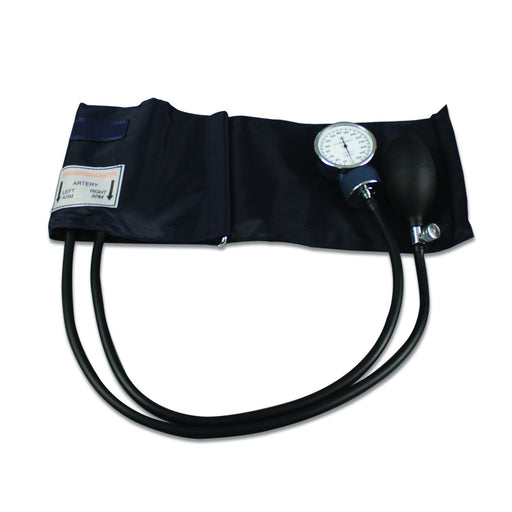 A blood pressure cuff and sphygmomanometer rests on a white background. The cuff is black nylon. A label on the cuff indicates artery placement for left or right arm.