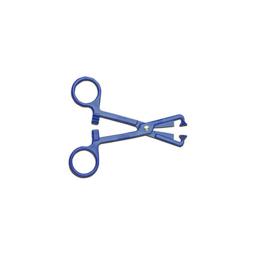 A blue surgical clamp lies open against a white background.