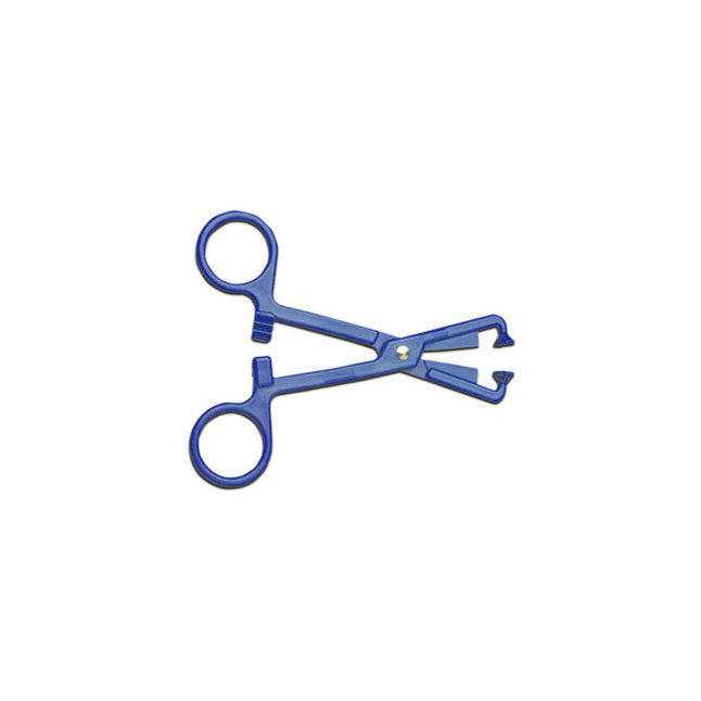 A blue surgical clamp lies open against a white background.