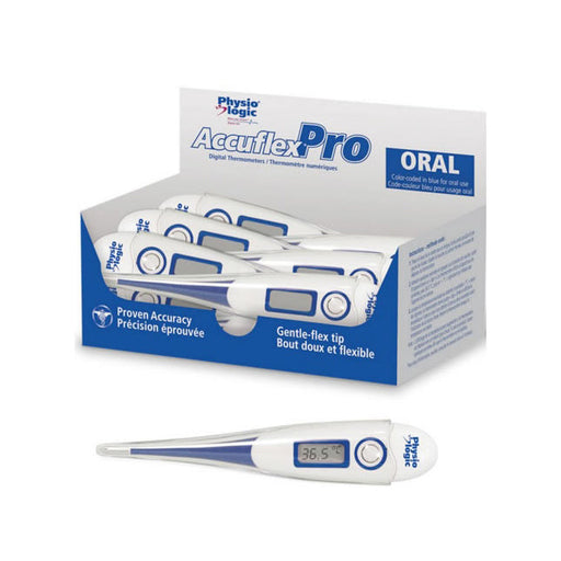 A digital thermometer displays 36.5°C; it is shown individually and in a box of multiple thermometers, all labeled "Accuflex Pro" and "ORAL".