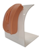A flesh-toned vulva model is displayed on a white acrylic stand.