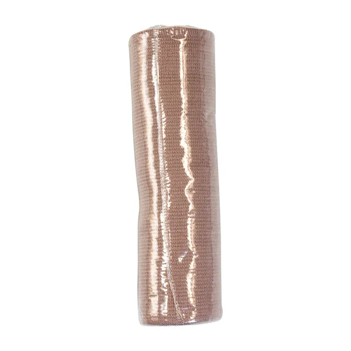A tan elastic bandage roll is packaged in clear plastic, on a white background.