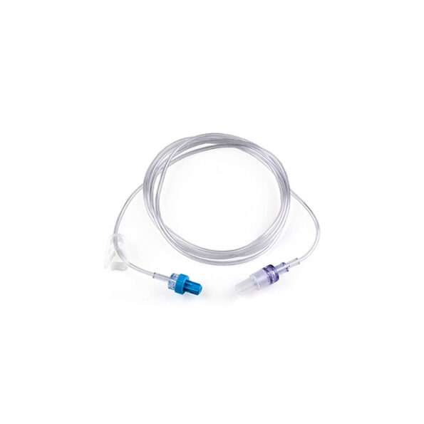 A coiled medical cable with blue and white connectors rests on a plain white background.