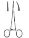 A pair of straight surgical forceps, shown open, with two additional, smaller, serrated jaws displayed separately.