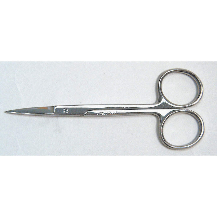 Surgical scissors rest on a white surface. The blades are pointed and closed. The handles are rounded. There is an illegible mark on the blade.