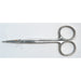 Surgical scissors rest on a white surface. The blades are pointed and closed. The handles are rounded. There is an illegible mark on the blade.