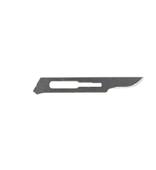 A scalpel blade rests on a plain white background. The blade is dark gray, shows a sharp point, and is designed for cutting.