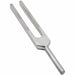 A metal tuning fork sits upright against a plain white background. It appears to be unused.