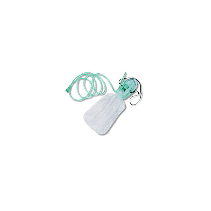 A medical oxygen mask with a reservoir bag and tubing is laid on a white background.