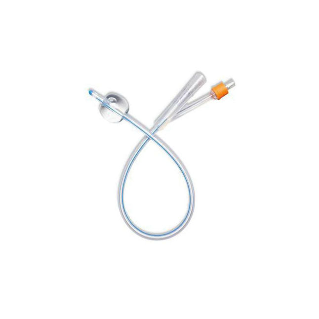 A catheter lies on a white background; its clear tubing is curved. One end has a small, rounded tip, the other has an orange connector.