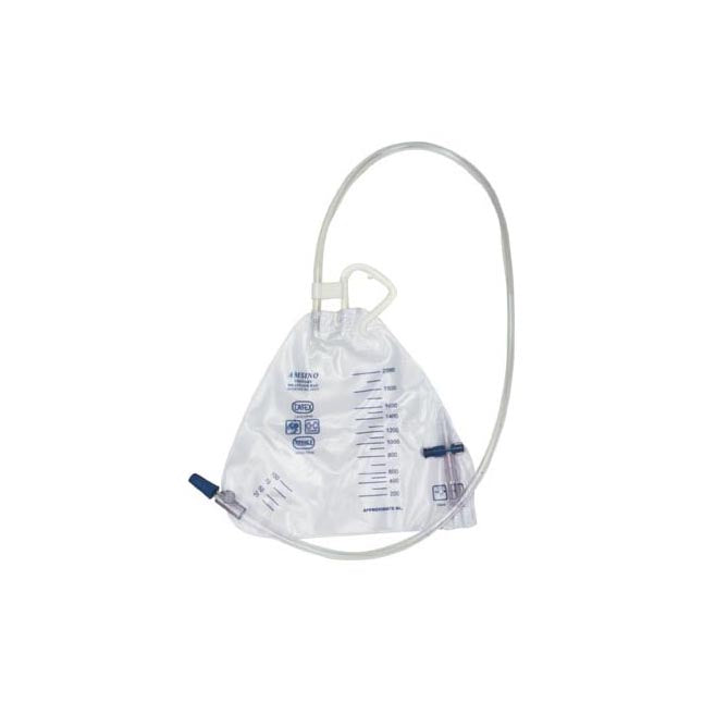 A urine collection bag hangs from a tube; it is graduated in milliliters and has several symbols printed on it. The bag appears to be sterile and designed for medical use.