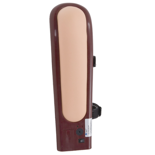 A burgundy-colored device, resembling a forearm splint, with a tan padded insert, is shown. It has a strap, small buttons, and a label. The background is white.