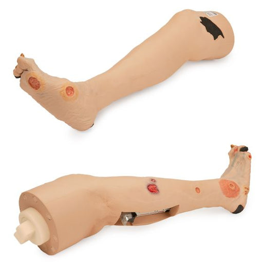 Two prosthetic legs, exhibiting various simulated wounds, are displayed against a white background. One leg is shown straight and the other is bent at the knee.