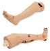 Two prosthetic legs, exhibiting various simulated wounds, are displayed against a white background. One leg is shown straight and the other is bent at the knee.