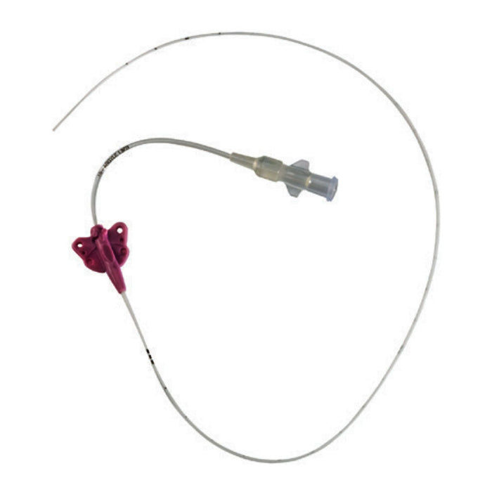 A medical catheter is coiled in a white space, featuring a purple butterfly clip at one end, a clear hub in the middle, and markings along its length.