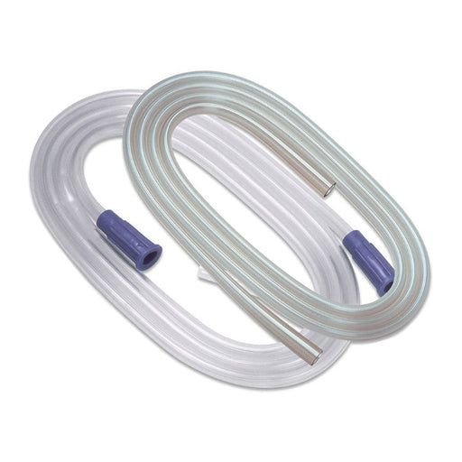 Two coiled, transparent tubes, each with a blue connector, lie on a white surface.