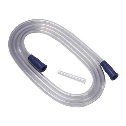 A clear plastic tube, coiled, with dark blue connectors at each end, lies on a white background; a small, separate, metallic piece is also present.