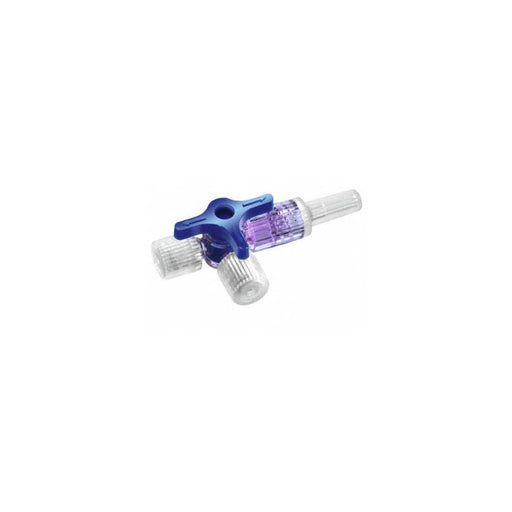 A three-way stopcock rotates, controlling fluid flow, on a plain white background.
