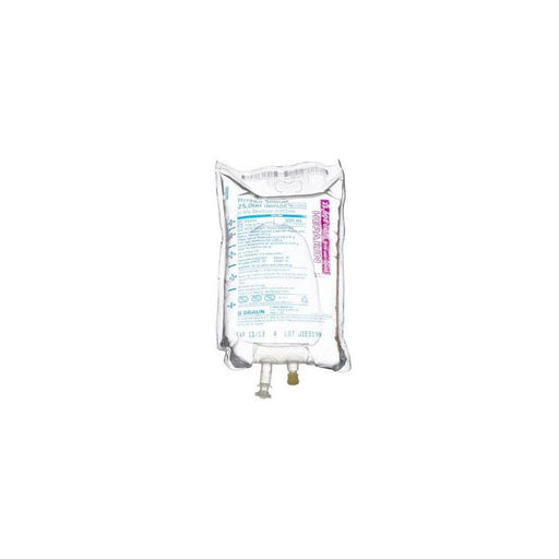 A flexible plastic bag hangs, containing a clear liquid; it has a small tube extending from its bottom. A label is partially visible.