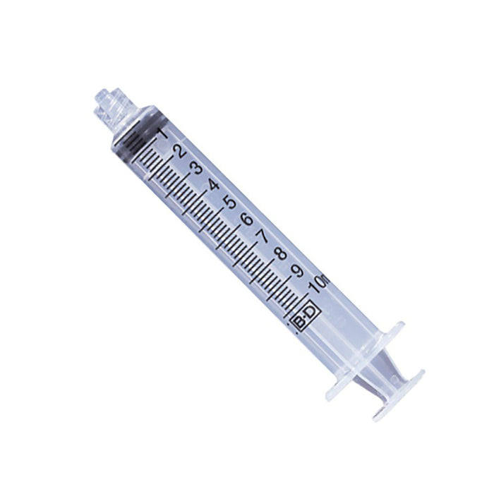 A clear plastic syringe, marked 1-10ml, rests on a white background.