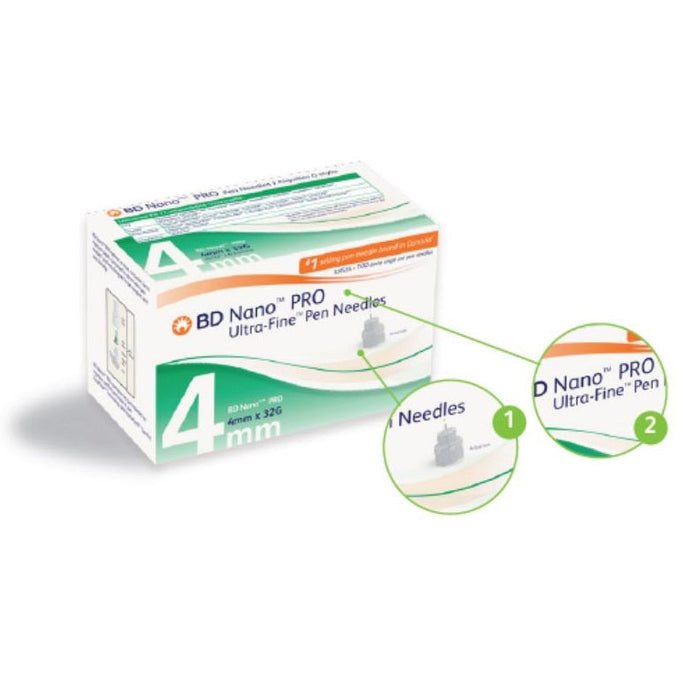 A box of BD Nano™ PRO Ultra-Fine™ Pen Needles (4mm x 32G) sits on a white background; close-ups highlight the packaging and a single needle.
