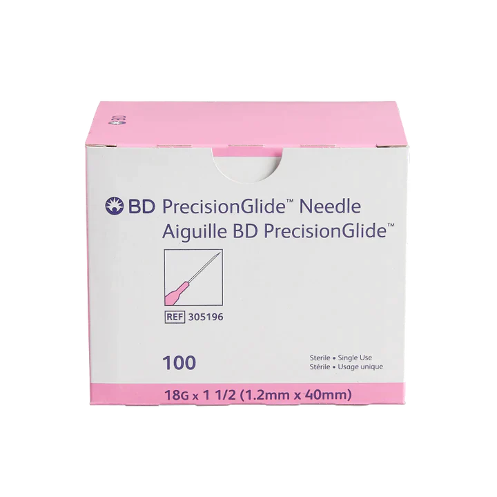 A box of 100 BD PrecisionGlide needles (18G x 1 1/2, 1.2mm x 40mm) sits on a surface; it is sterile and for single use.