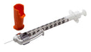 A 1ml syringe lies on a white background next to its orange cap. The syringe is ready for use.