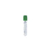 A vacutainer tube sits upright against a white background. The tube has a green cap and contains a clear liquid.