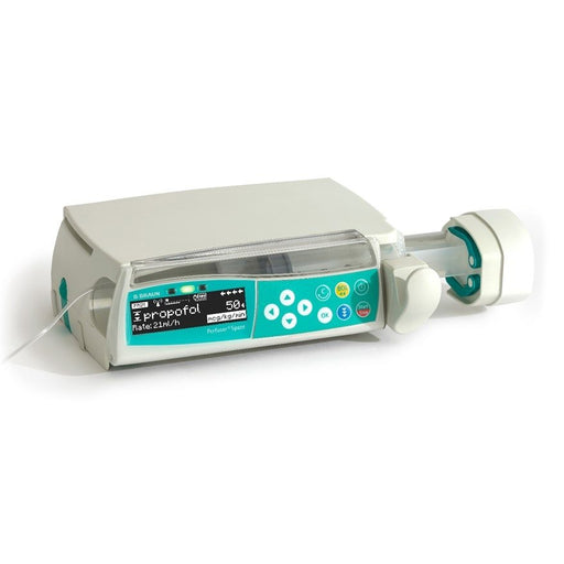 A B.Braun Perfusor Space syringe pump displays "propofol Rate: 21ml/h" and "50.4 mcg/kg/min," sits on a white surface.
