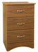 A wooden three-drawer dresser stands on a white background. The drawers are closed, and each has a silver handle.